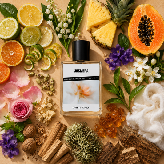 Jasmera One & Only Eau de Parfum – amber woody inspired perfume for unisex wear, second view of the bottle showing the cap and label