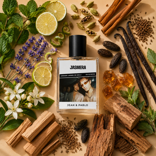 Jasmera Jean & Pablo Eau de Parfum – leather woody inspired perfume for men's wear, second view of the bottle showing the cap and label